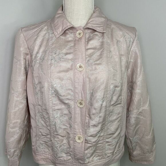 Chico's Linen Pearlized Embroidered Pink Blush Full Button Jacket Size 1 - Picture 5 of 11